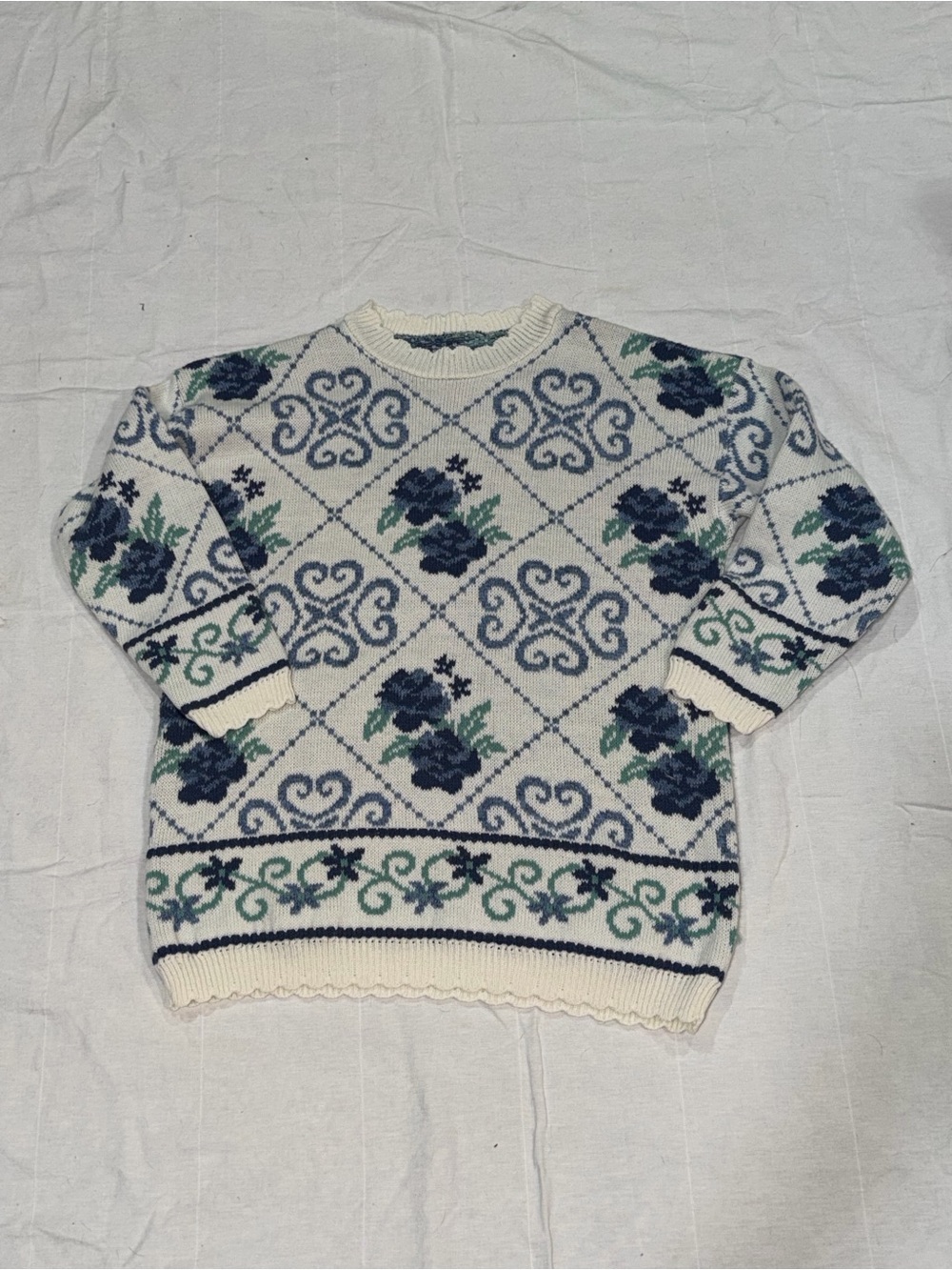 Cream Floral Fair Isle Knit Sweater with Blue & Green Accents